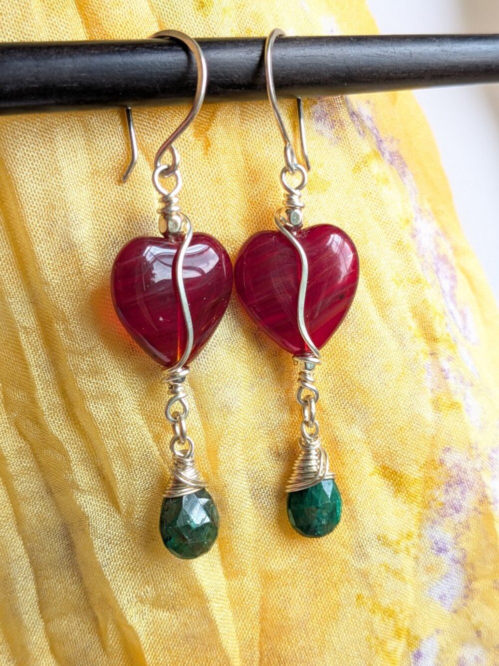 Sterling Silver Emerald Gemstone Earrings Romantic Red Glass Heart Beads